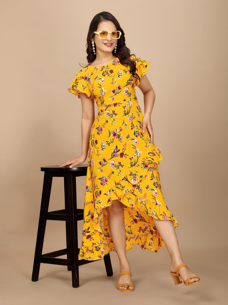 Yellow Floral Elegance High Low Ruffle Hemline Crape Dress with Butterfly Sleeves Sale