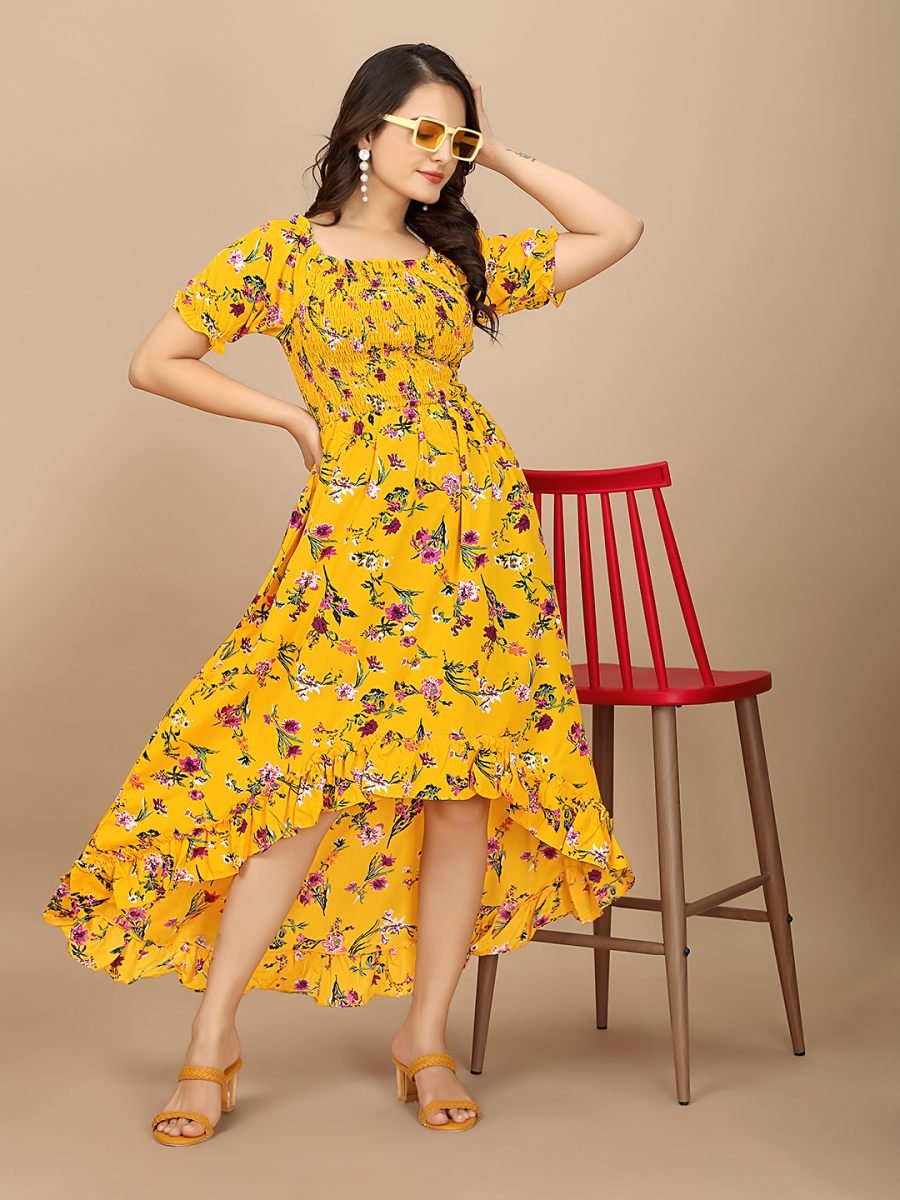 Yellow Floral Elegance Puff Sleeve High Low Maxi Dress with Elastic Closure Sale