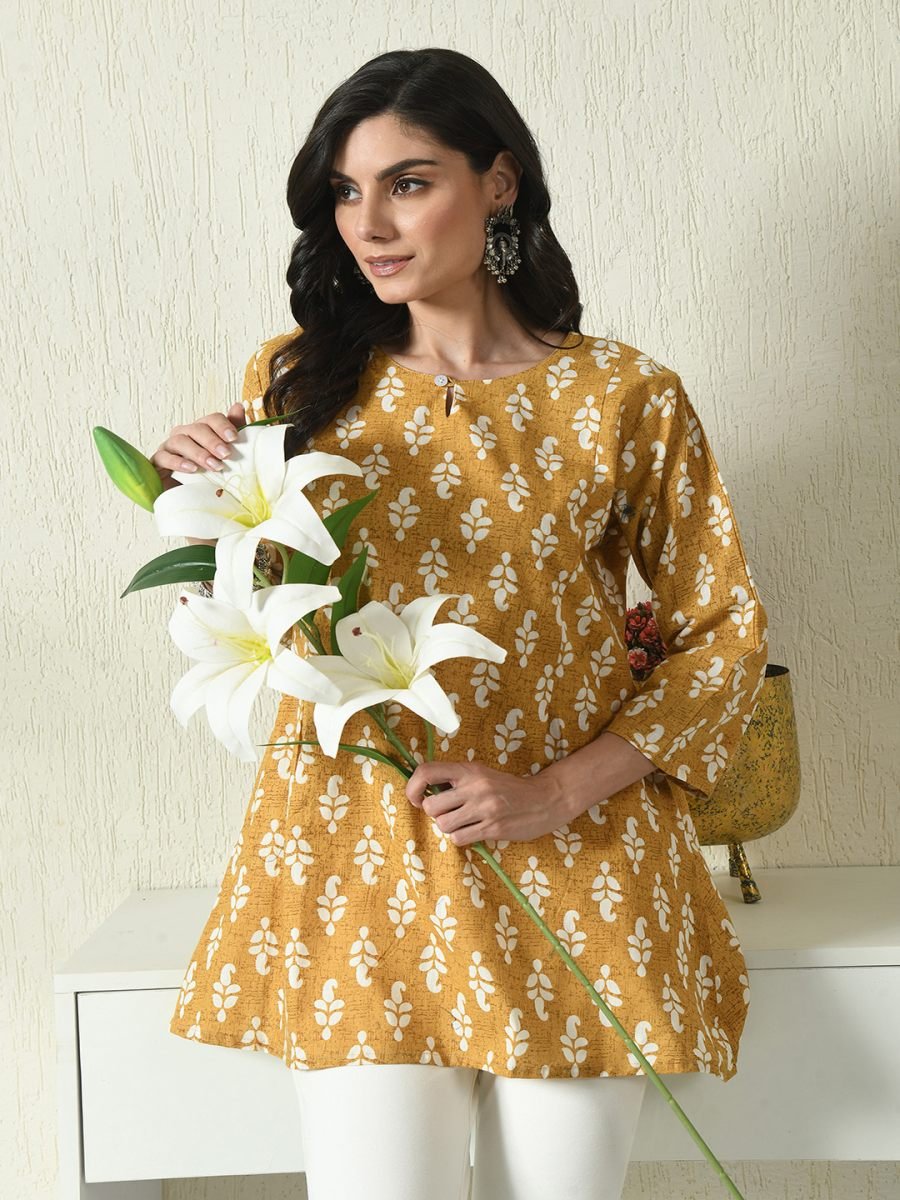 Yellow Floral Printed Cotton Blend Top with Keyhole Neck Sale